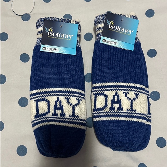 “Game Day” Isotoner Blue and White Knit Mittens - Picture 3 of 10